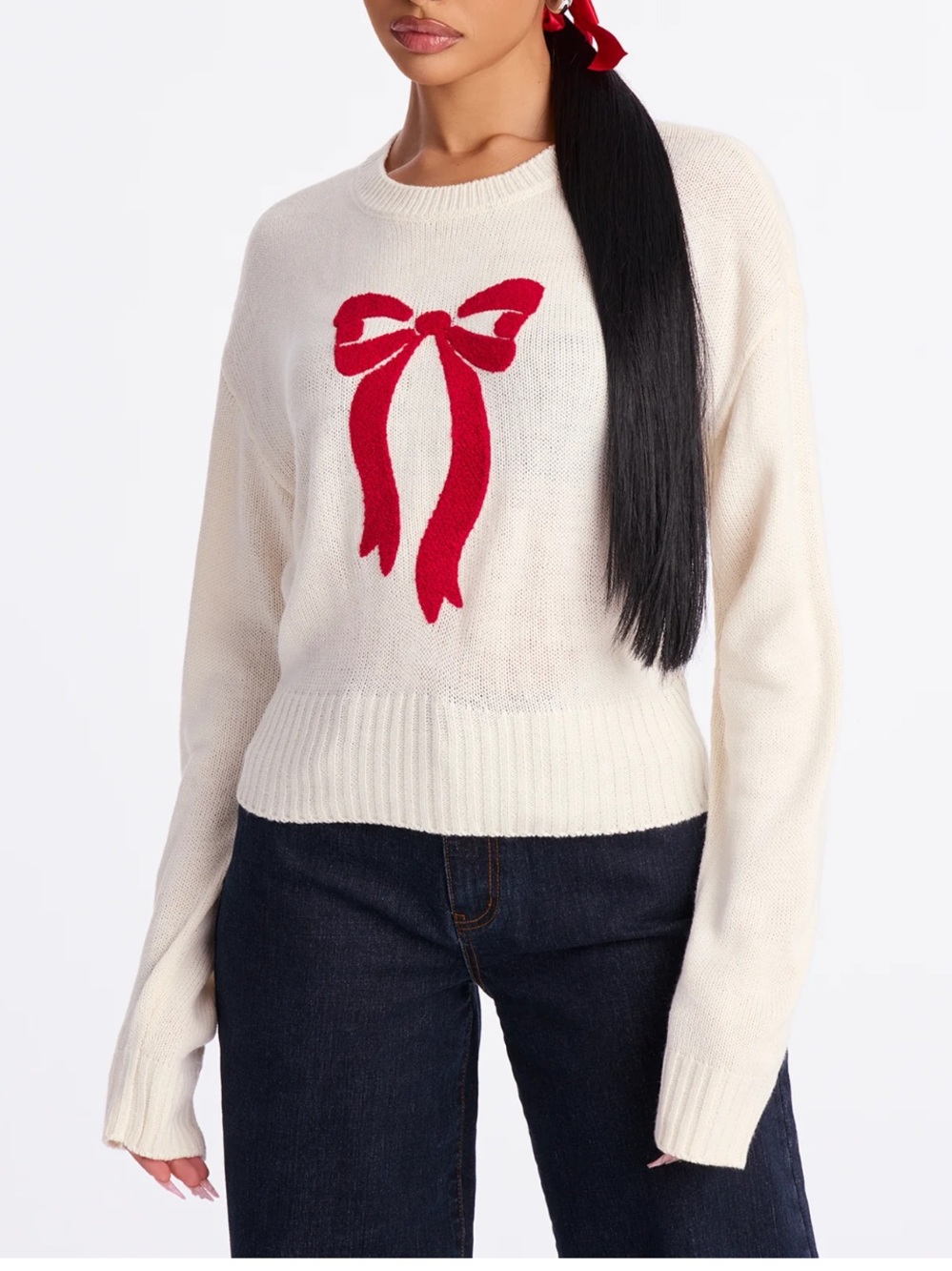 Sincerly Jules Cream Crewneck Sweater with Red Bow Motif